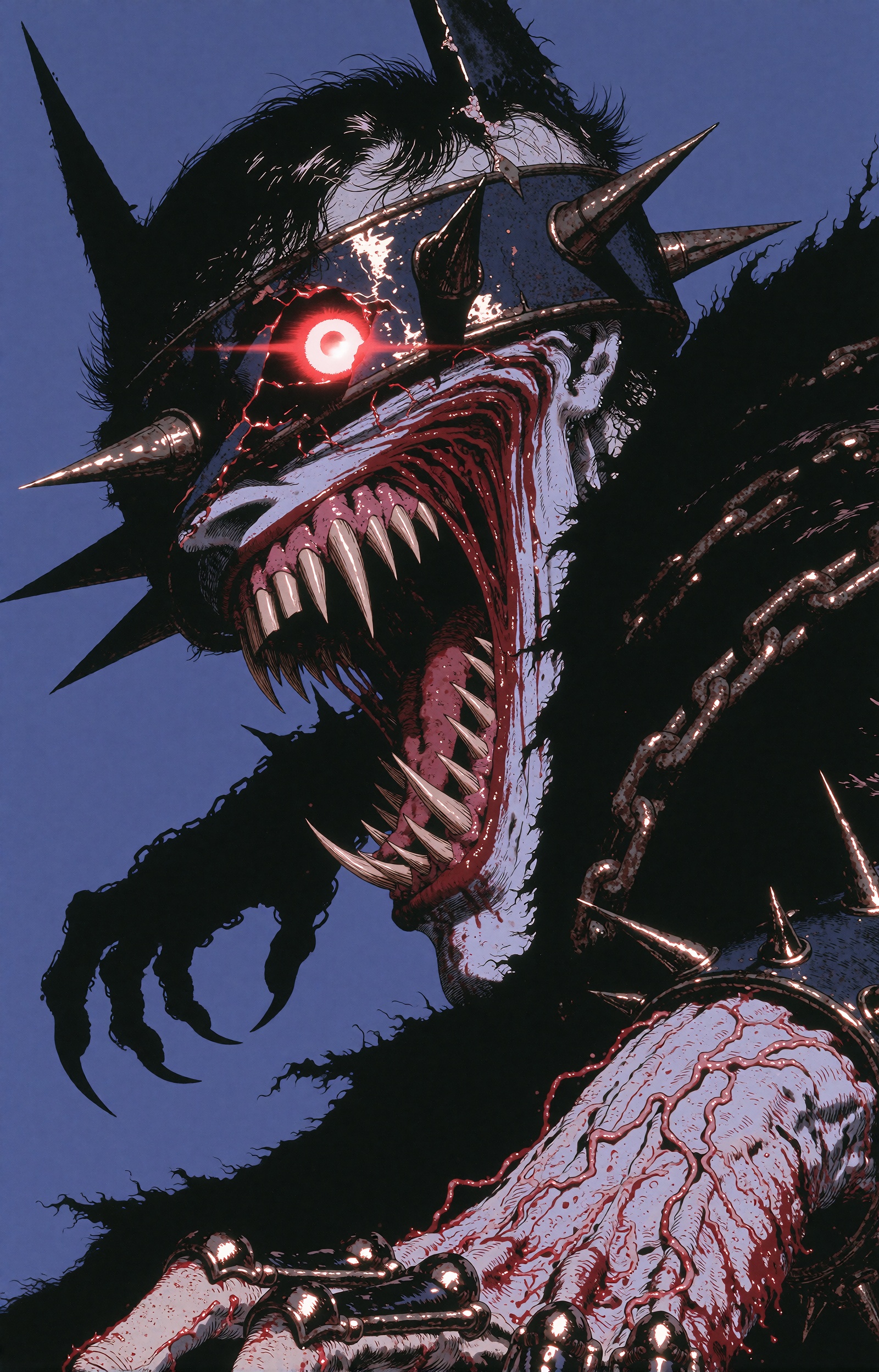A dynamic low-angle shot of The Batman Who Laughs lunging forward against a solid periwinkle blue background. His twisted...