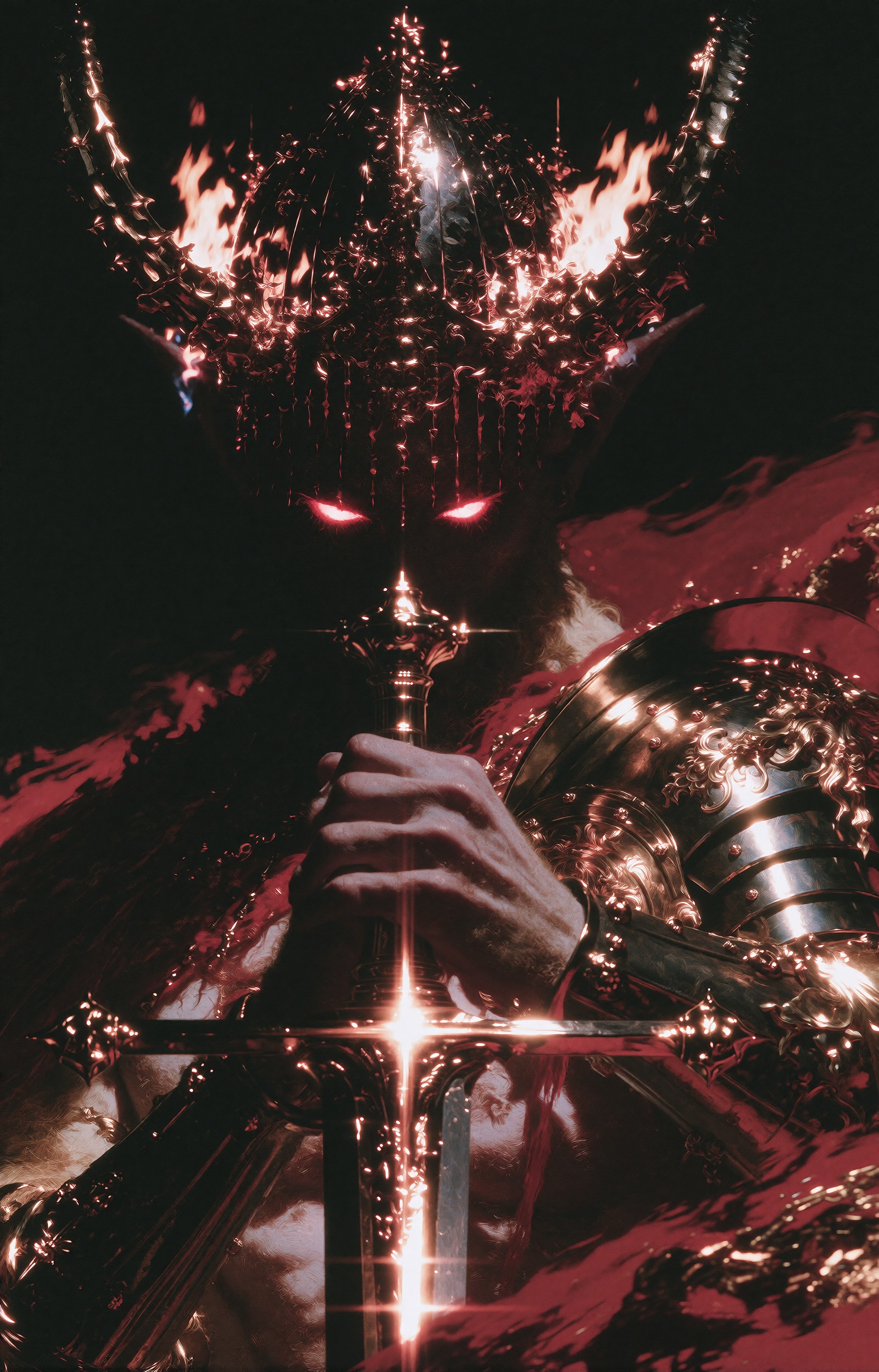 Dark fantasy oil painting of an ominous demonic sovereign during a midnight coronation,  wearing an impossibly ornate baro...