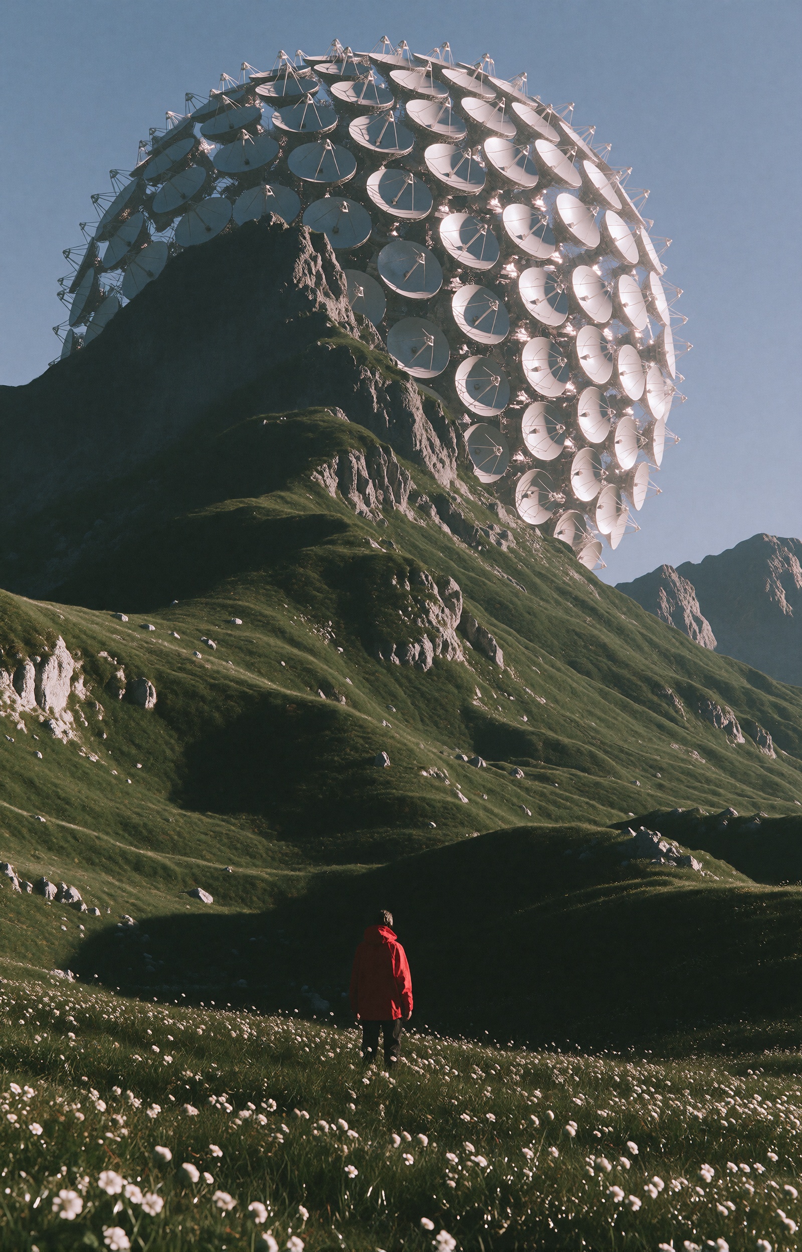 A lone tiny figure in a bright red jacket stands in the middle of an endless green meadow,  dwarfed by an impossibly colos...