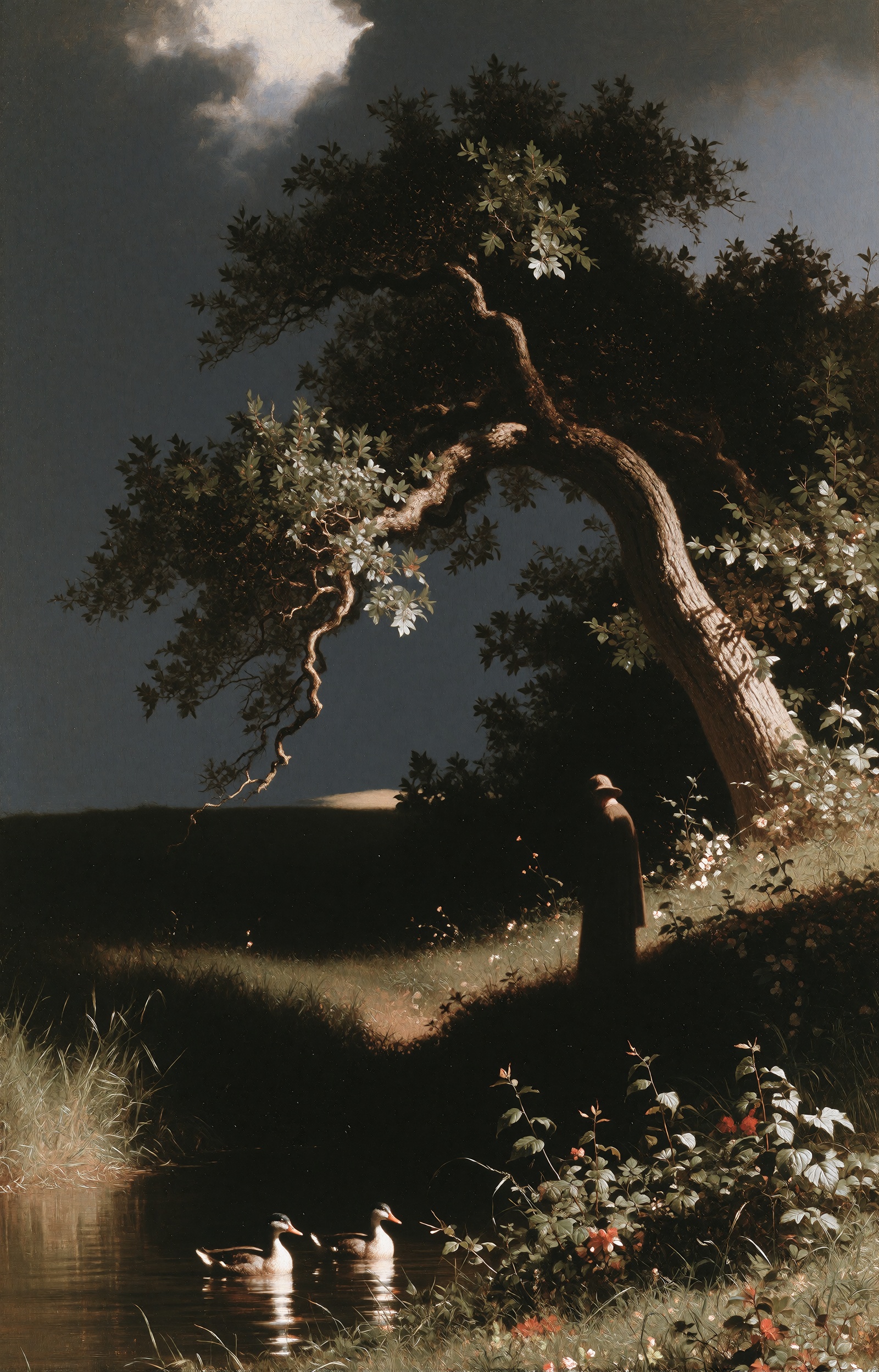 A classical oil painting of a massive,  gnarled oak tree leaning over a narrow stream under dramatic storm clouds. Two sma...