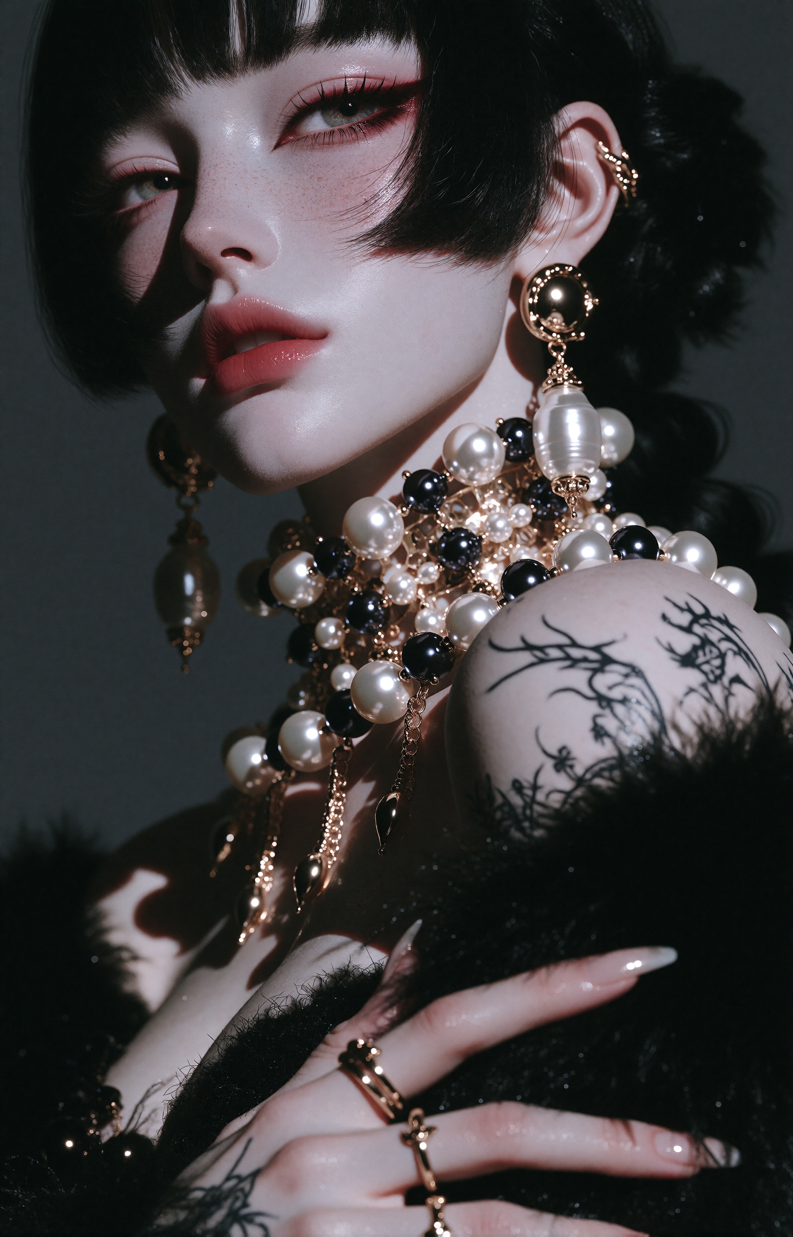 A close-up fashion portrait of a young woman with a sharp black hime cut and striking pearl jewelry against a dark gray gr...