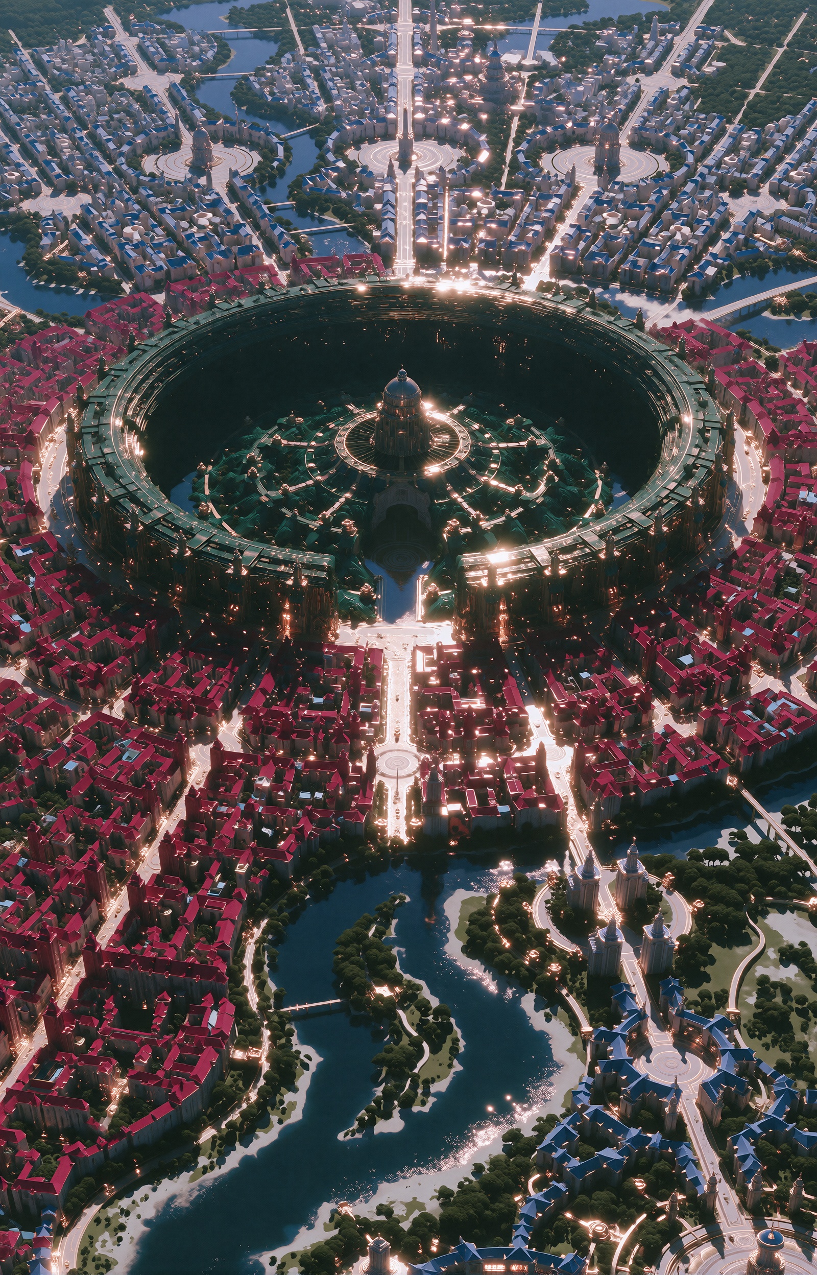 A breathtaking aerial view of a vast fantastical metropolis built around a colossal circular megastructure at its heart,...