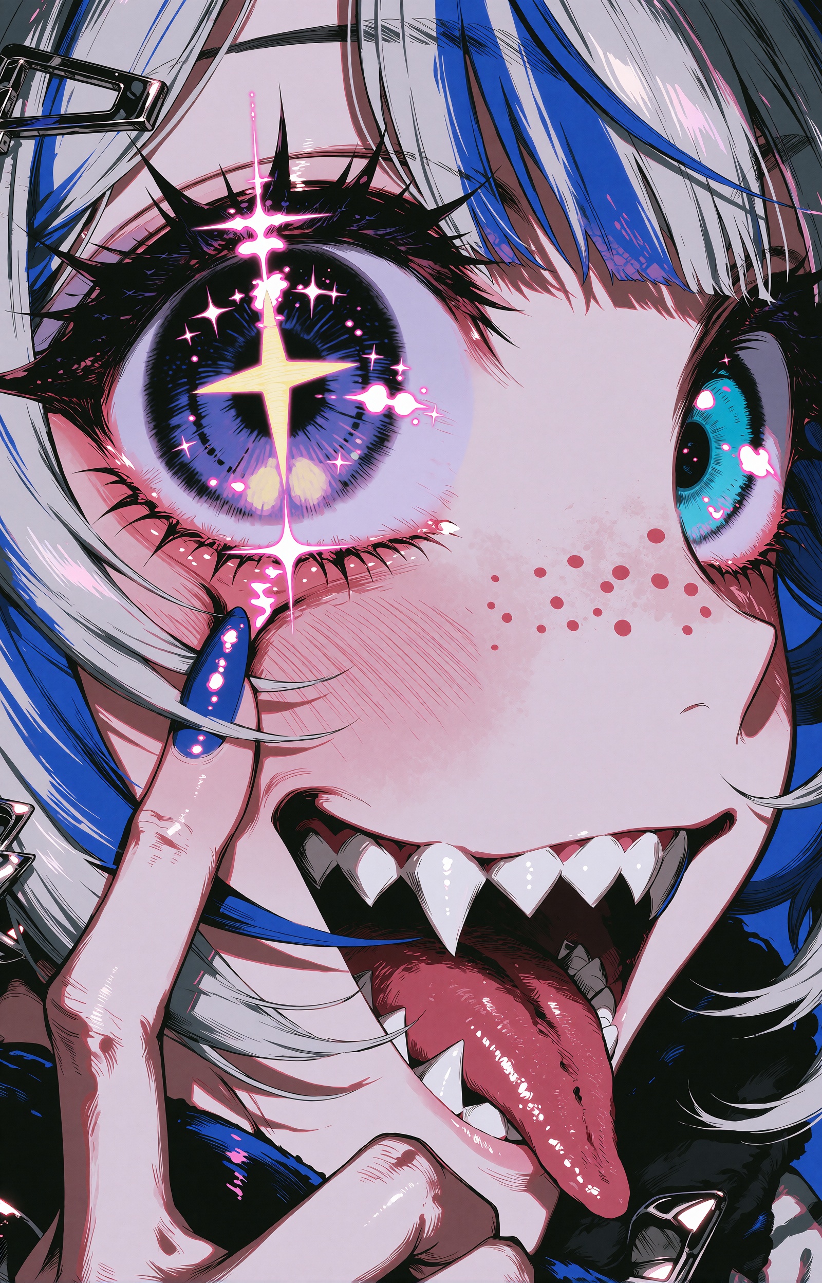An extreme ultra-close-up fisheye anime portrait of a cheeky silver-haired girl with electric blue streaks in her hair,  f...