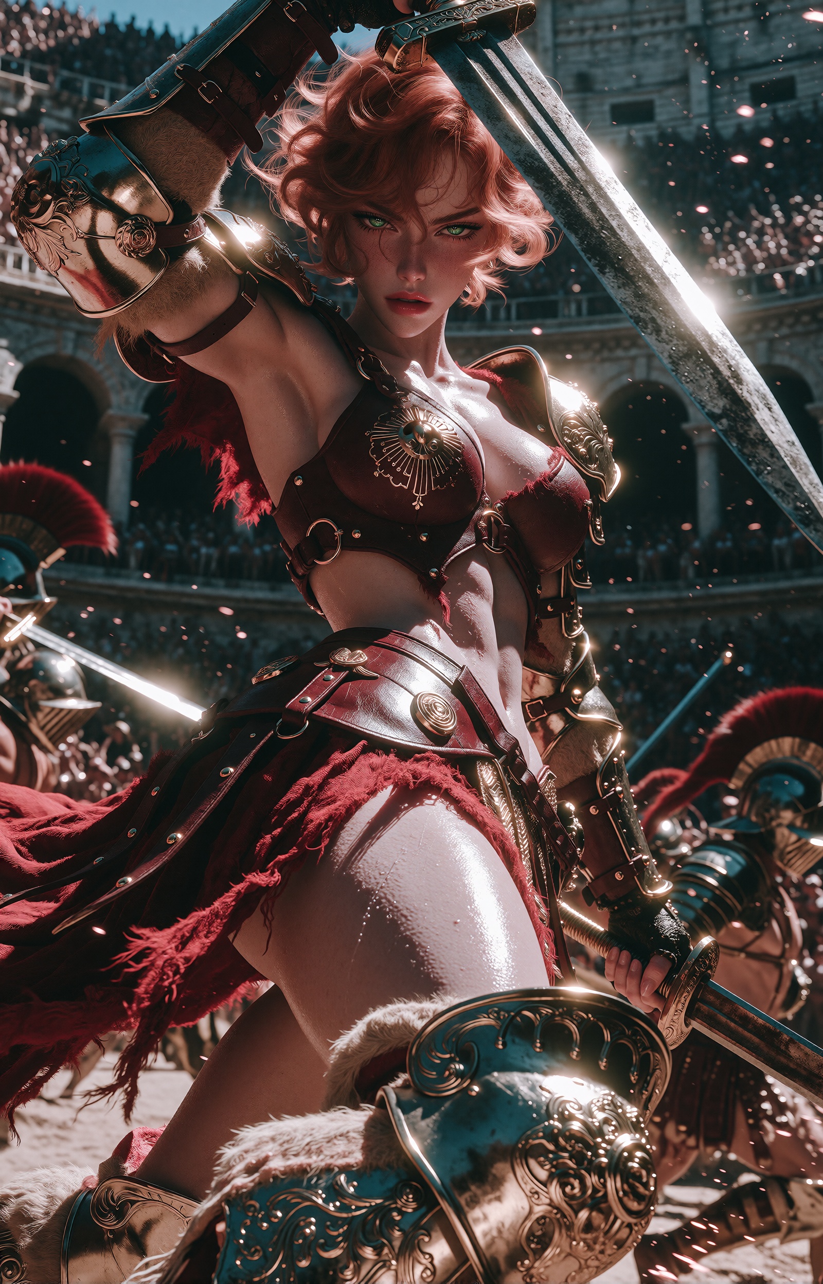 Hyper-realistic 3D-rendered anime portrait of a fierce,  alluring female gladiator,  anime-influenced realism on Tensor.Art