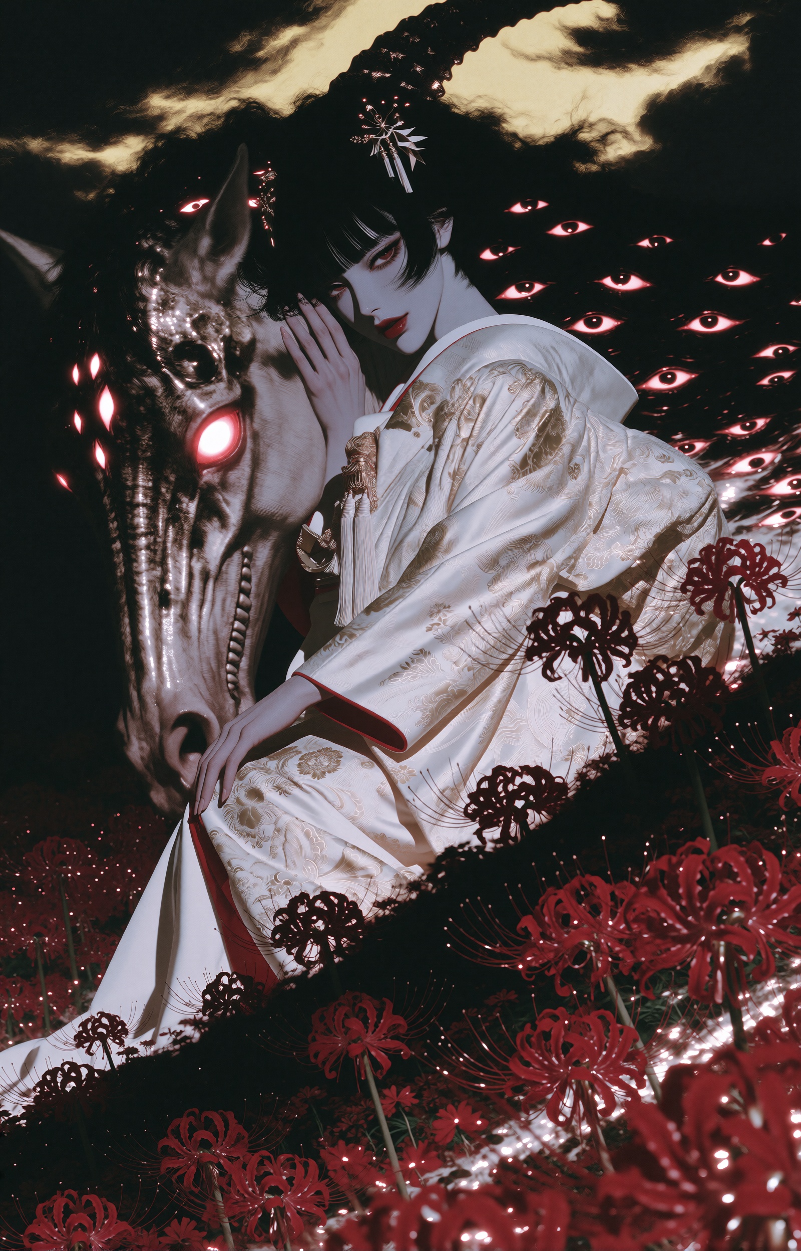 A breathtaking fantasy portrait of a young Japanese woman in a pure white shiromuku,  the traditional bridal kimono,  its...