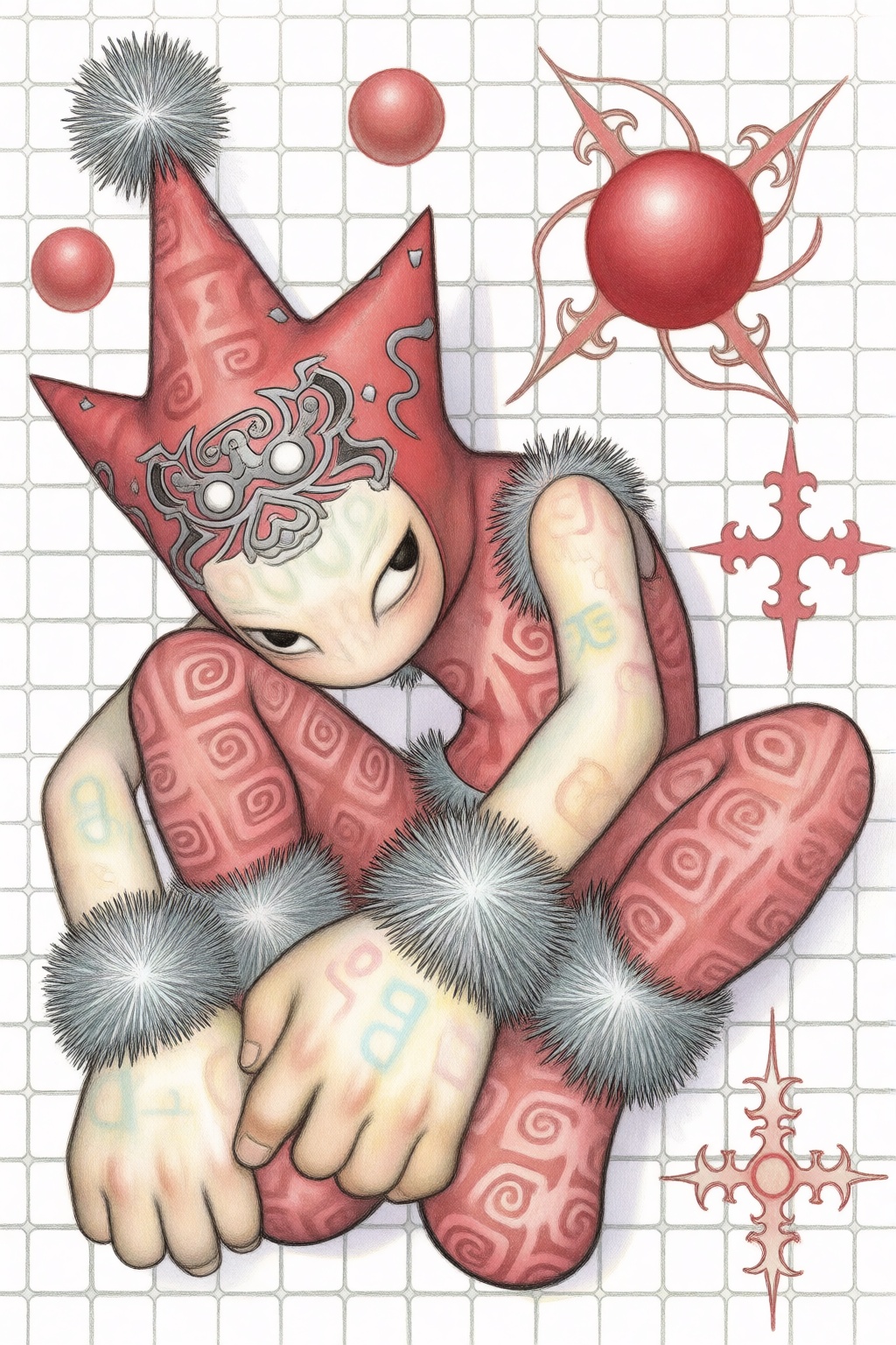 glyveesart,  in a dynamic wide-angle medium shot,  a character is crouched in a fetal position against a grid-patterned wh...