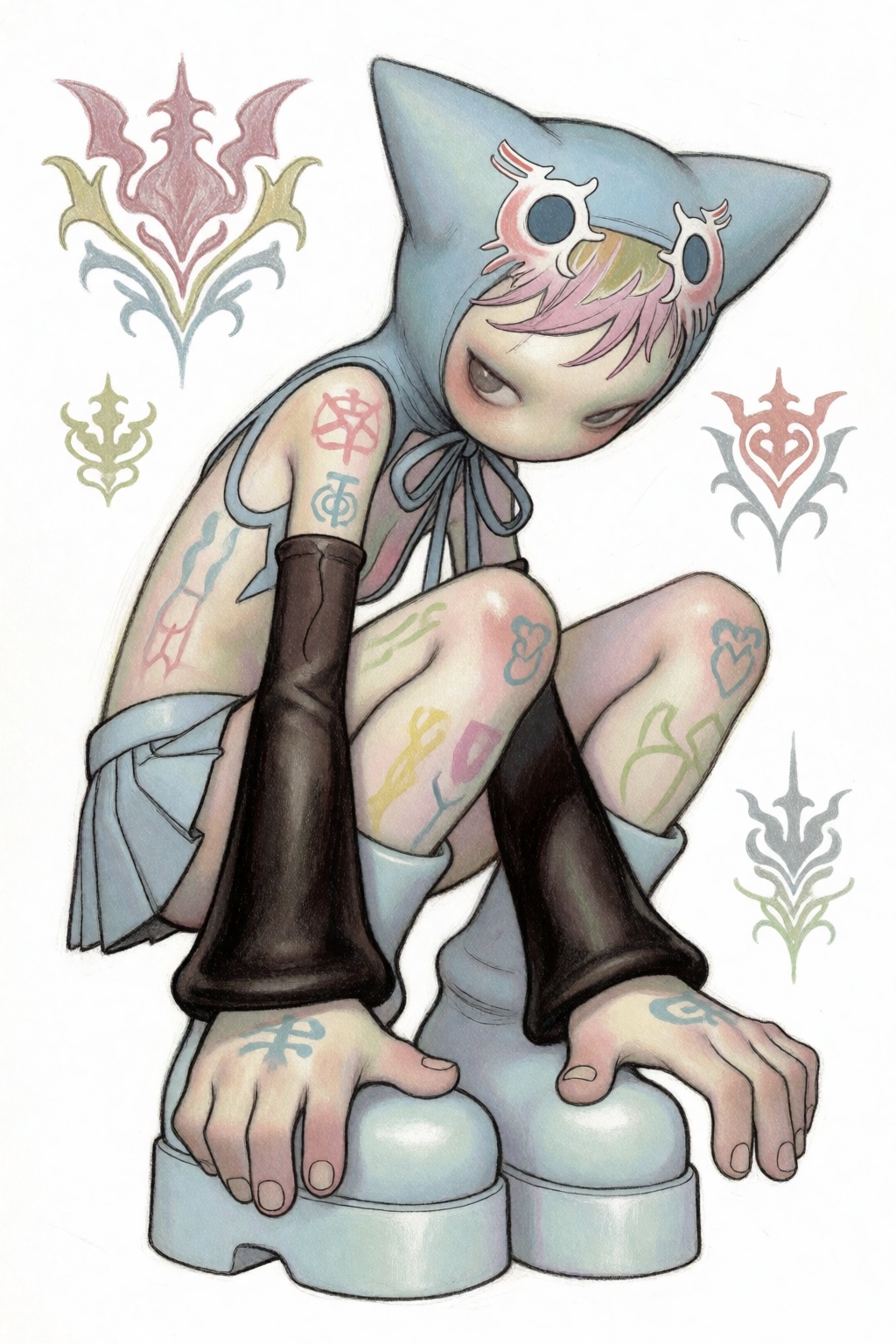 glyveesart,  an eerie omposition of a crouched,  slender impish figure with elongated proportions. The character wears a s...