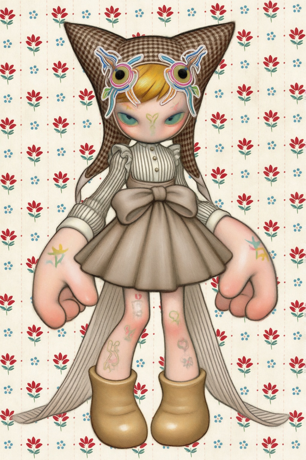 glyveesart,  in a centered full-body character study perspective,  a slender impish figure stands elegantly with elongated...