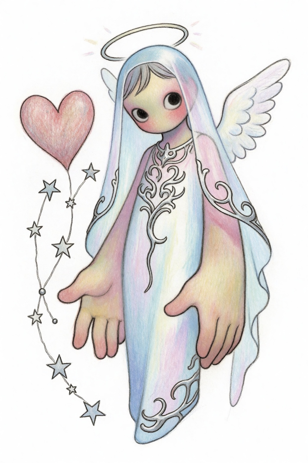 glyveesart,  an ethereal composition featuring a slender,  elongated angel with impish proportions on Tensor.Art