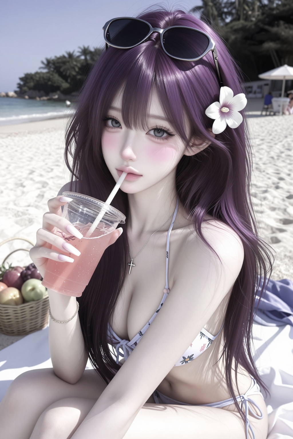 (1. A woman) korea hairstyle,  grape purple wavy hair style in half up ,  hibicus flower accessories on Tensor.Art