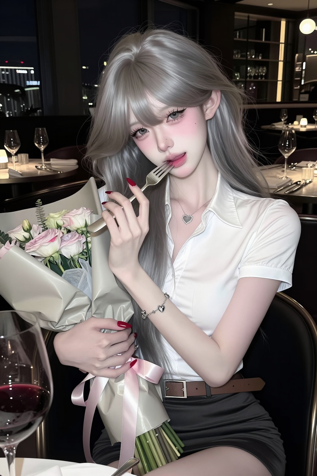 body shot,  (1. A woman) silver smokey hair color with woft curls in korean haircut,  (no bangs) on Tensor.Art