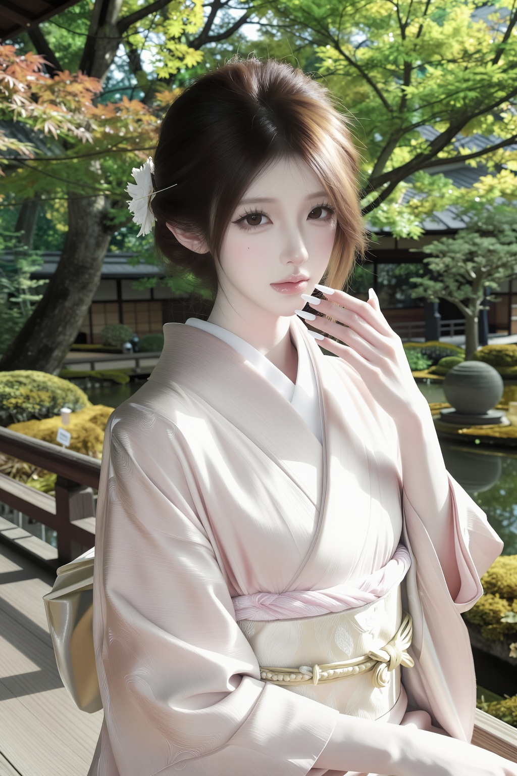 body shot,  (1. A woman) japan hairstyle,  hazel brown low bun hairsyle with hair accessories on Tensor.Art