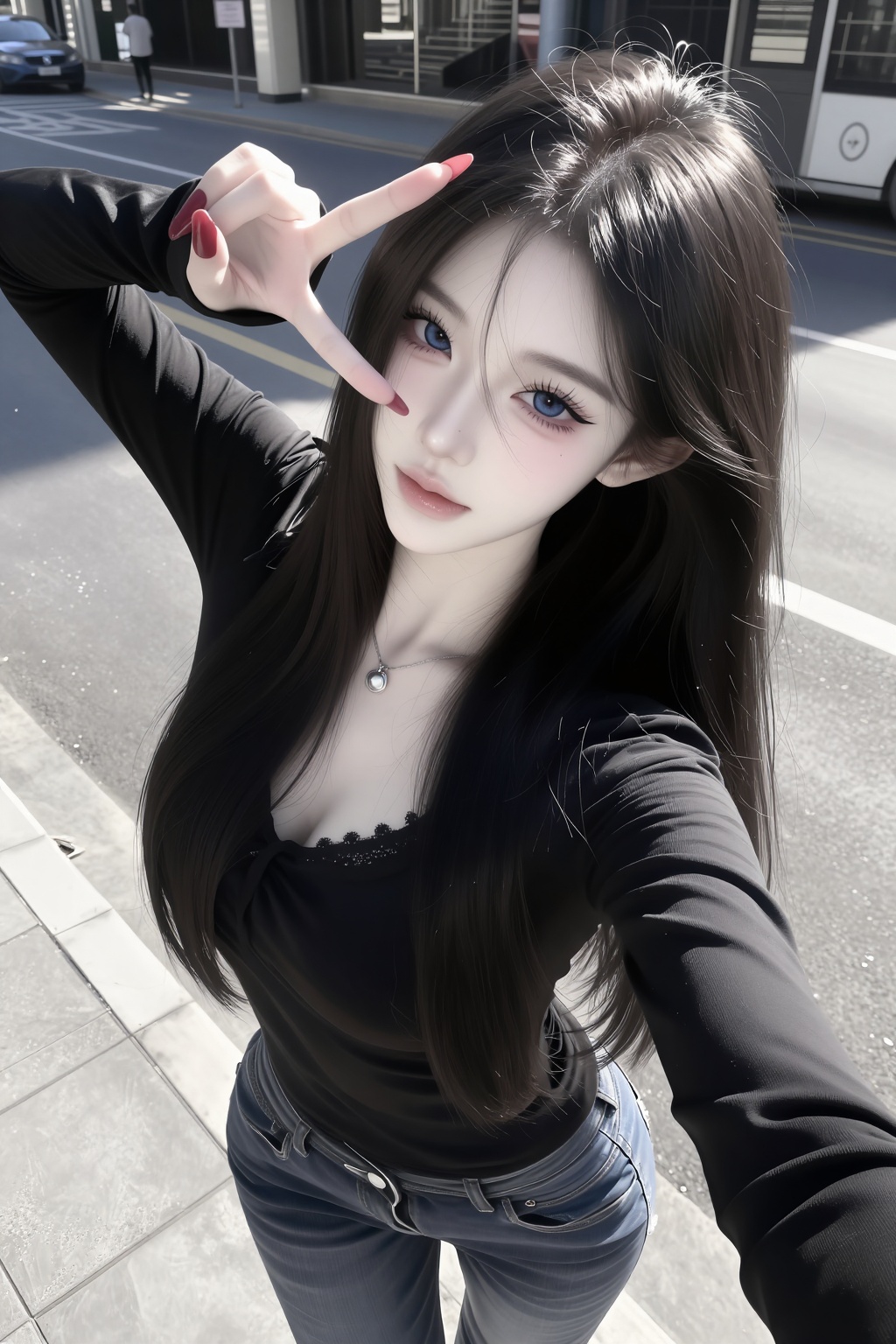 (1. A woman) ,  black long straight hair ,  (soft blue eyes) on Tensor.Art