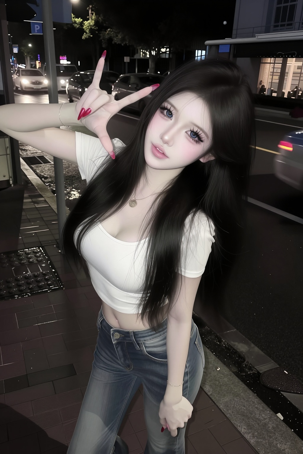 (1. A woman) ,  black long straight hair ,  (soft blue eyes) on Tensor.Art