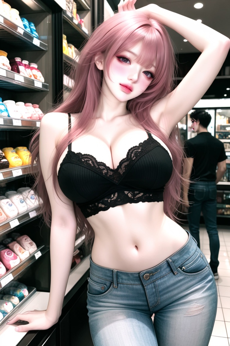 Medium portrait of a trendy young huge breasts woman. Angle: Straight-on medium shot. Pose: Standing casually with one arm...