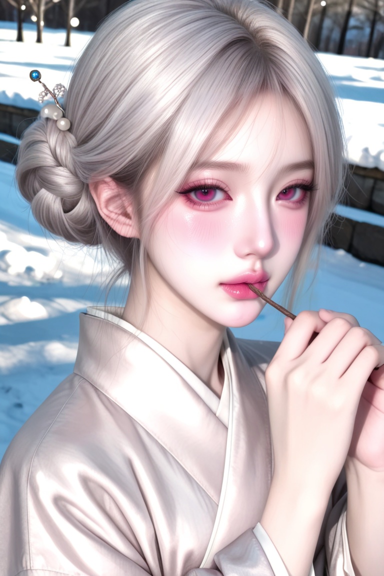 Close-up portrait of a beautiful ancient Chinese woman. Angle: Close up,  looking slightly off-camera. Pose: She is gently...