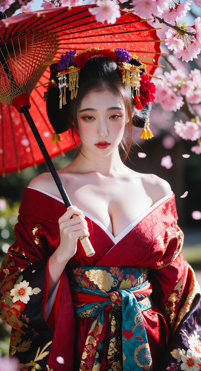 Photorealistic half-body portrait of a beautiful Japanese geisha standing under blooming pink cherry blossom trees in dayt...