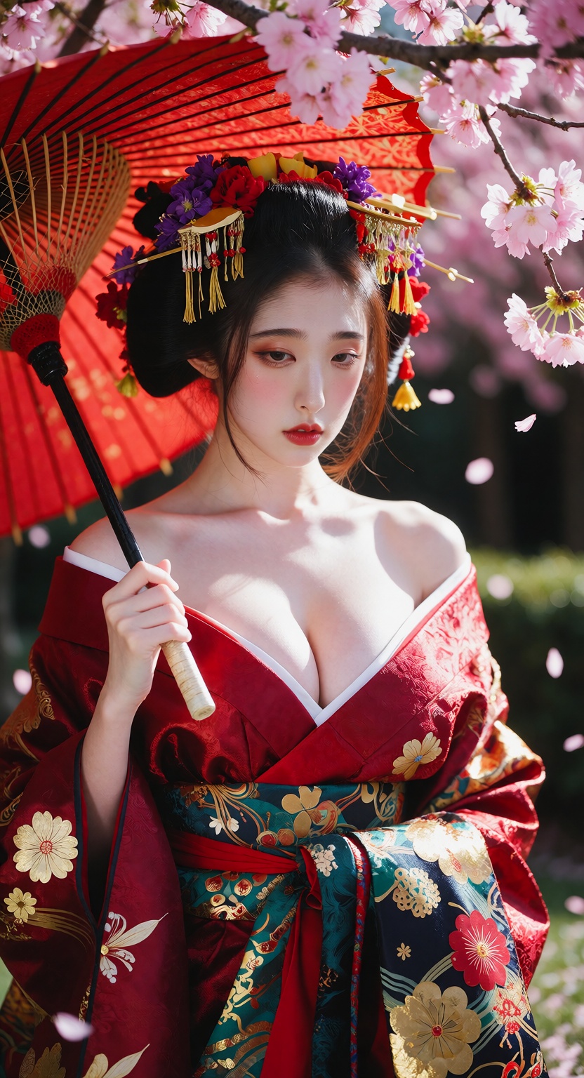 Photorealistic half-body portrait of a beautiful Japanese geisha standing under blooming pink cherry blossom trees in dayt...