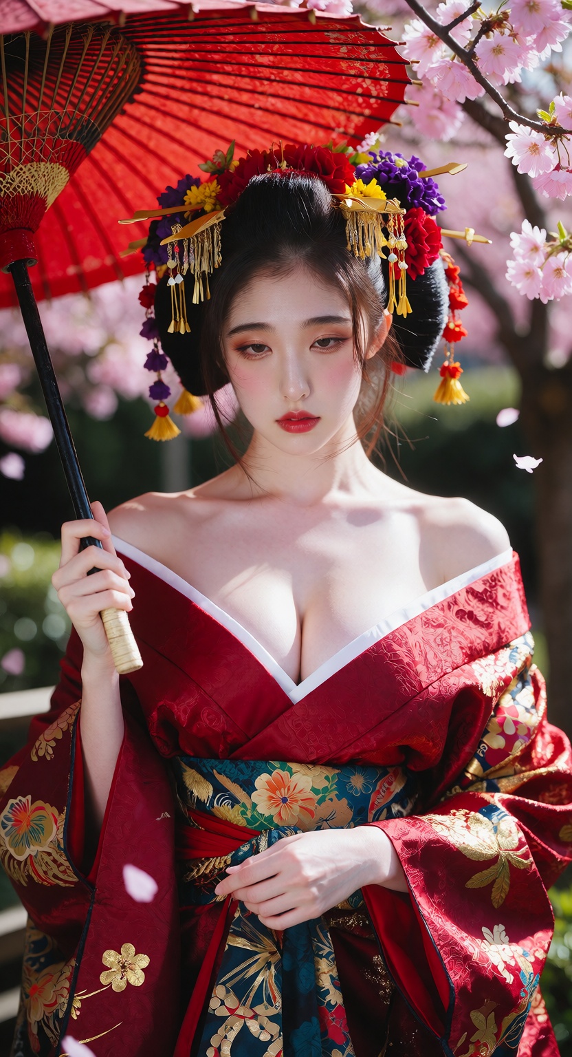Photorealistic half-body portrait of a beautiful Japanese geisha standing under blooming pink cherry blossom trees in dayt...