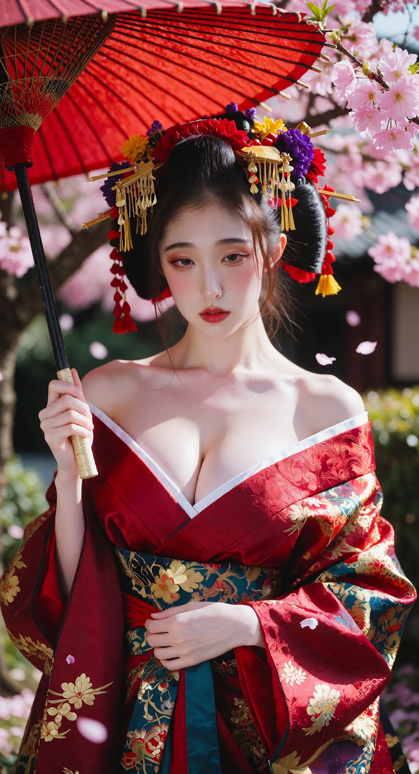 Photorealistic half-body portrait of a beautiful Japanese geisha standing under blooming pink cherry blossom trees in dayt...