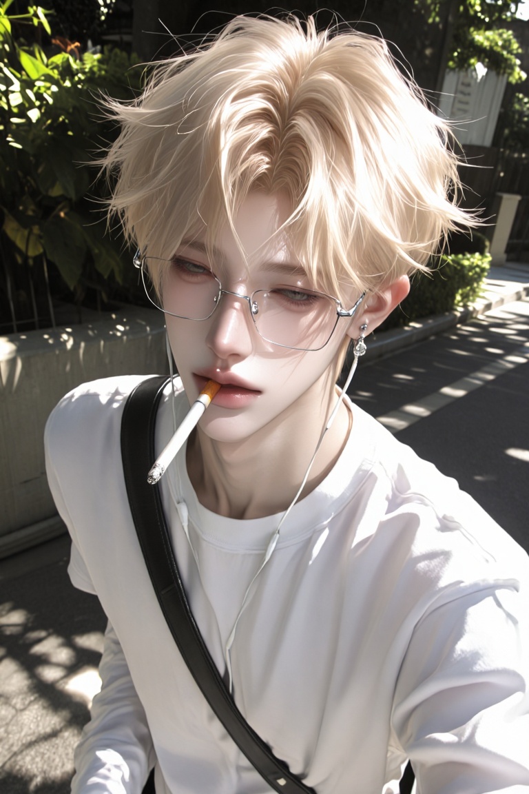 Character: androgynous young man with fair skin,  slim build,  sharp delicate facial features Hair: messy short-to-medium...