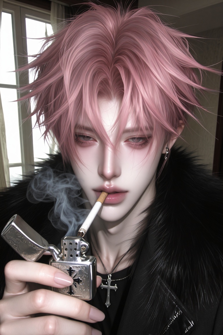 Character: androgynous young man with pale skin,  sharp delicate facial features,  slim build Hair: messy short spiky hair...