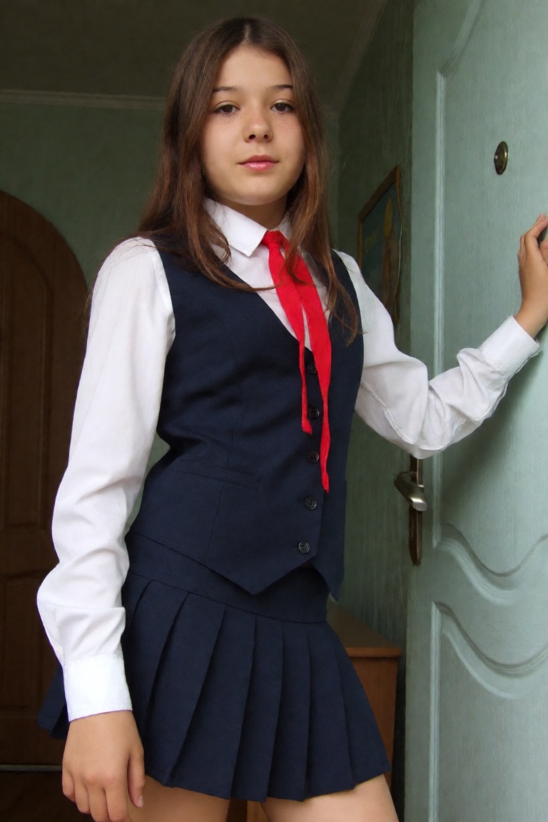 candid close up photo of a girl wearing a soviet school uniform,  she is standing beside her apartment frontdoor on Tensor...