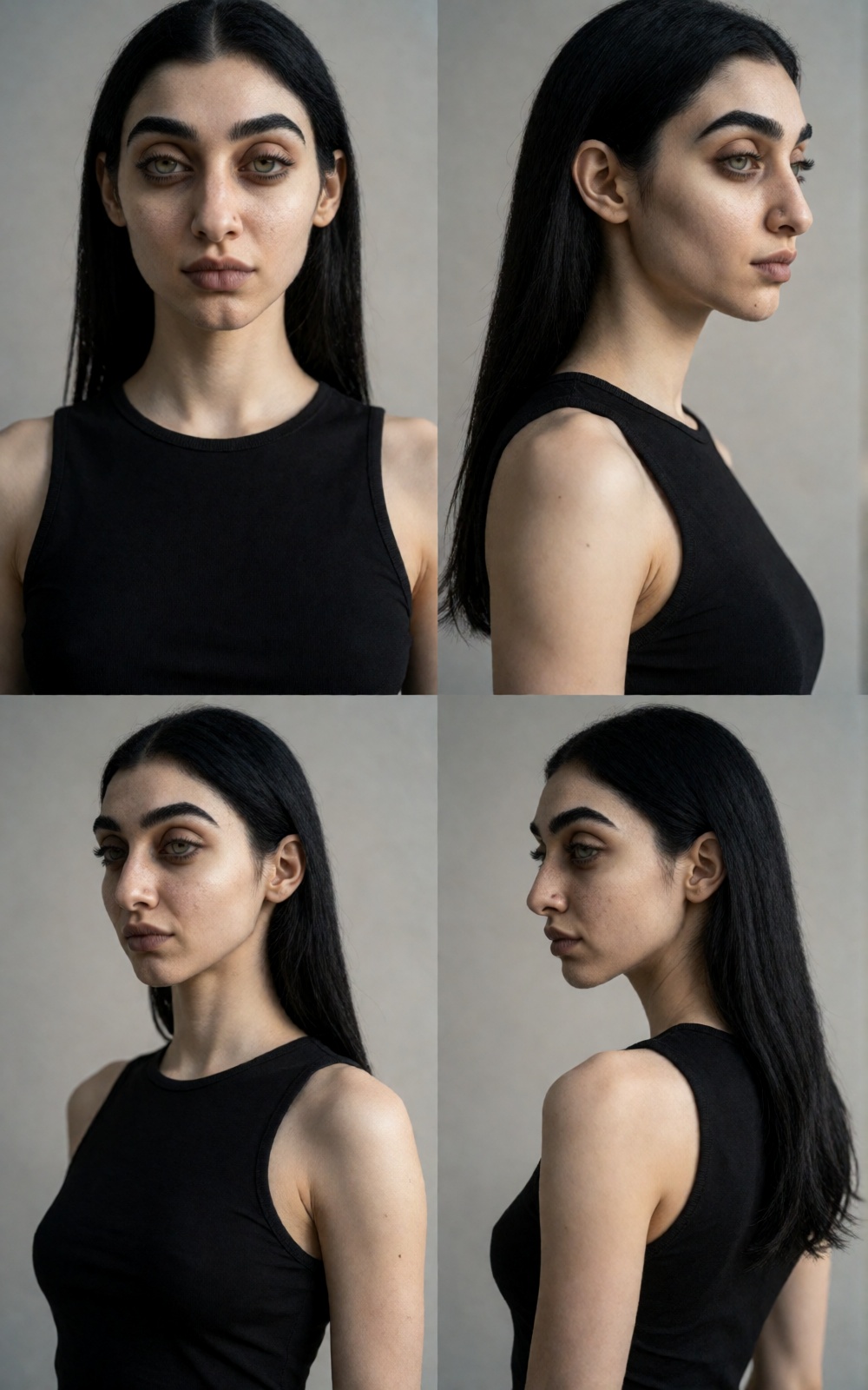 Ultra realistic character sheet of a tall slim fashion model woman,  symmetrical 2x2 portrait grid layout,  same woman sho...