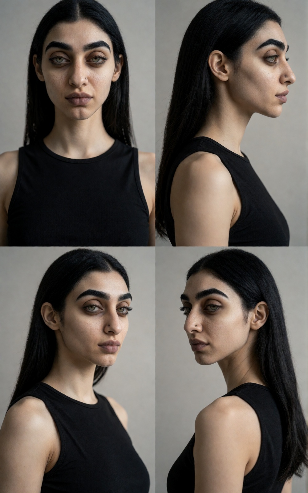 Ultra realistic character sheet of a tall slim fashion model woman,  symmetrical 2x2 portrait grid layout,  same woman sho...