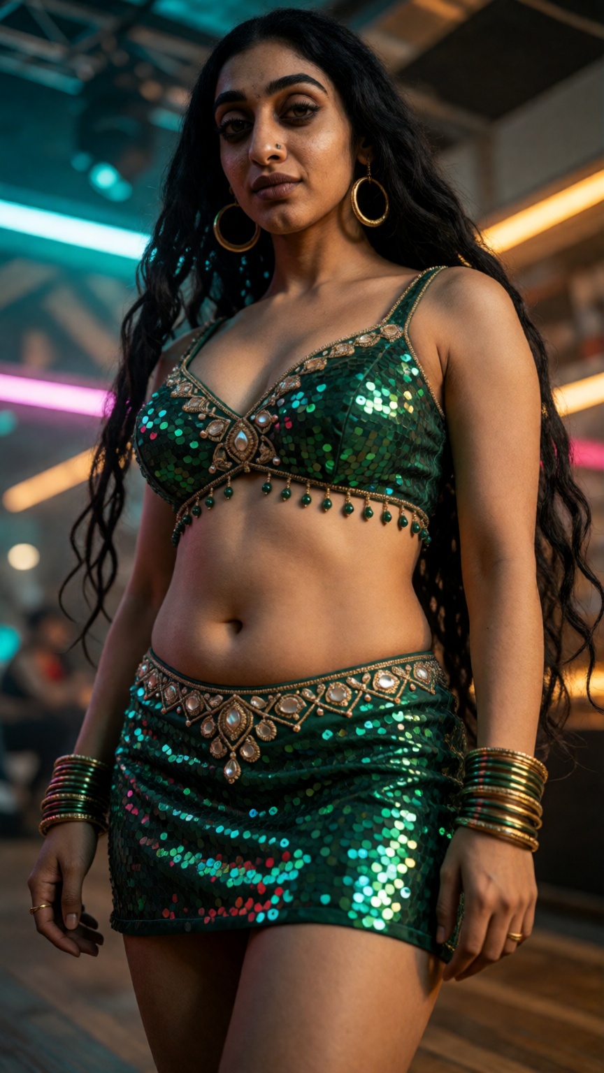 A young slim israel woman with extremely long thick black hair framing her face,  stands in low-angle view,  her enormous...