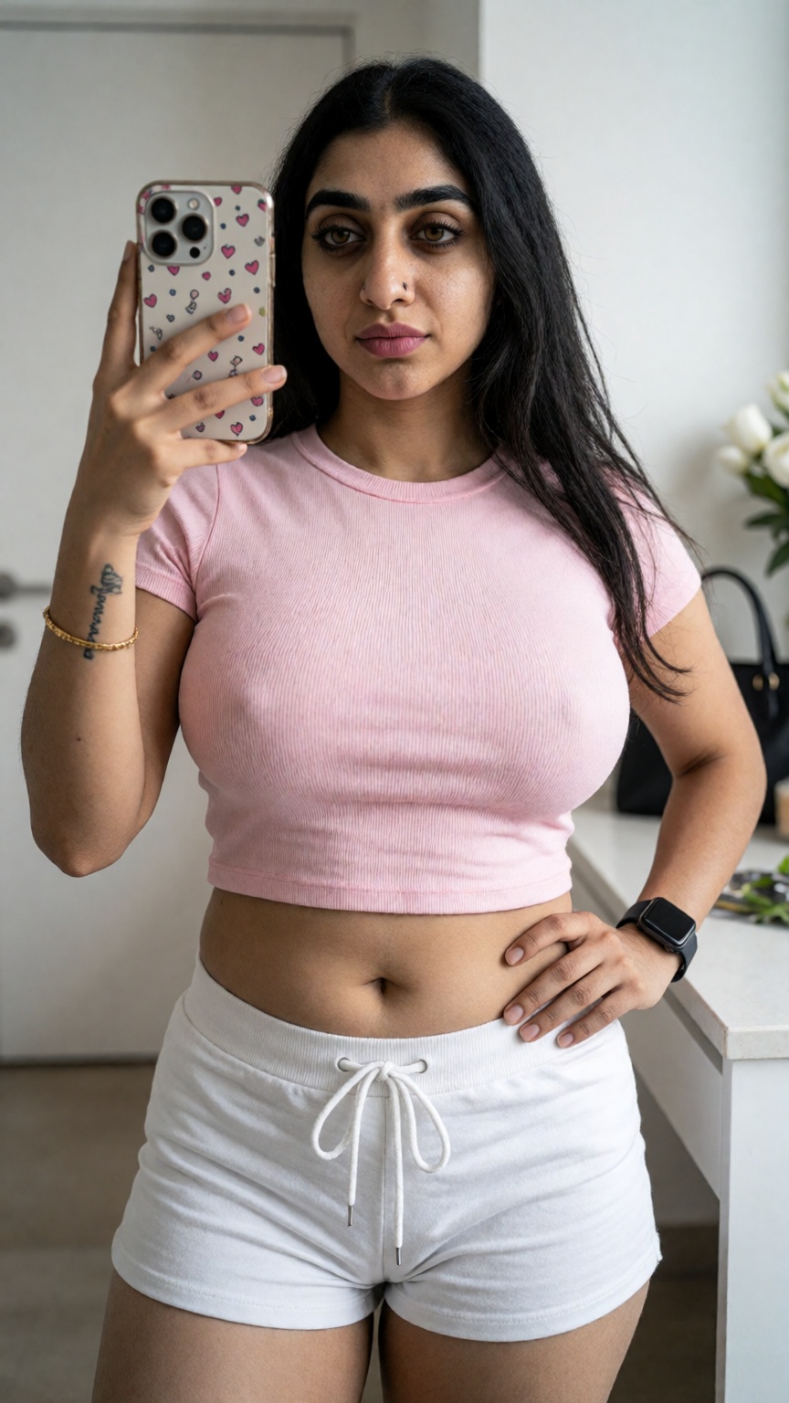 Photograph of a young woman with long,  dark brown hair and olive skin,  taking a selfie in a well-lit room. She has dark...