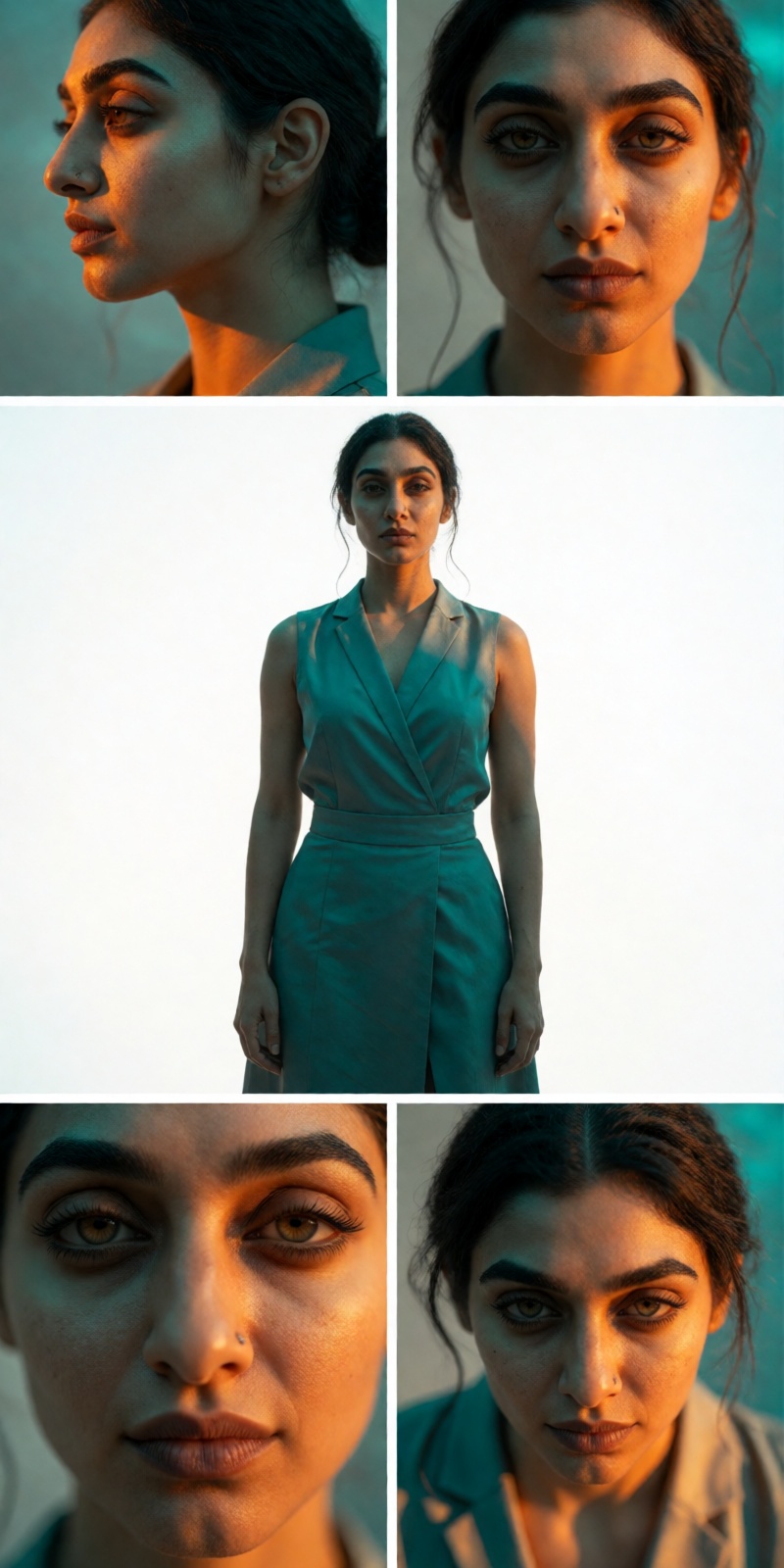 Pose & Attire: A single elegant cinematic collage image featuring: - Large central full-body standing shot of the woman (m...
