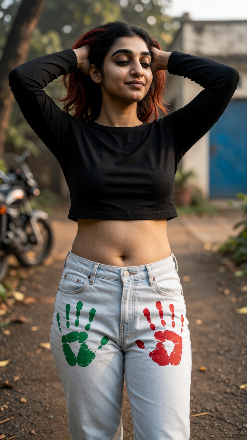 Photograph of a young woman standing outdoors on a dirt path in a suburban area. She has medium brown skin and shoulder-le...