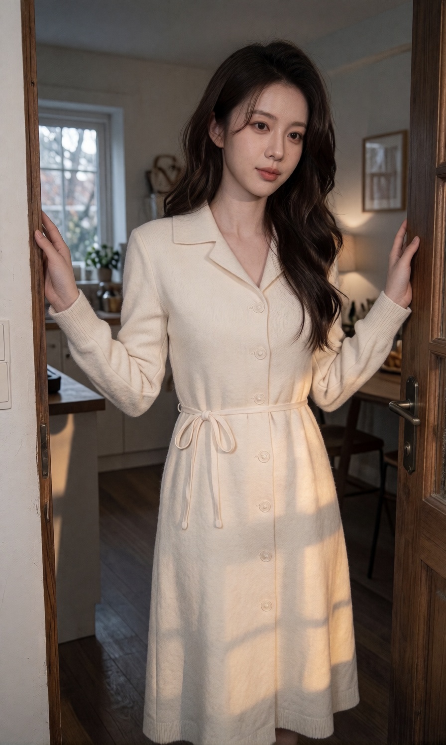 A young woman with a large breast wears a cozy cream knit long sleeved dress featuring a collared neckline,  front buttons...