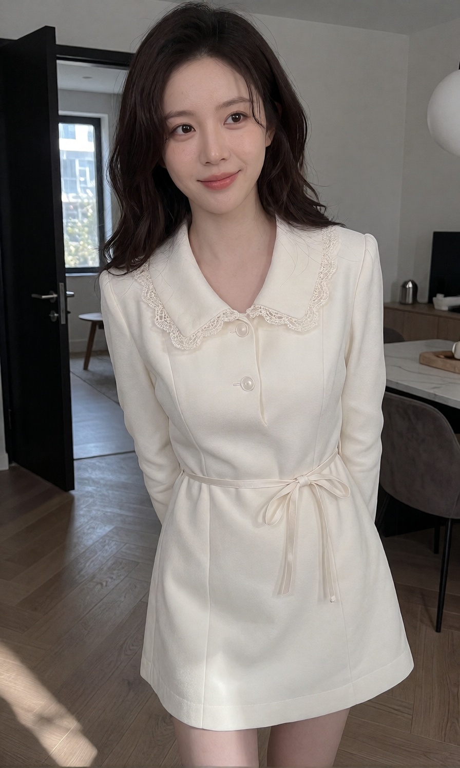 A young woman with a large breast wears a soft off white long sleeved dress featuring a rounded lace trim collar and a thi...