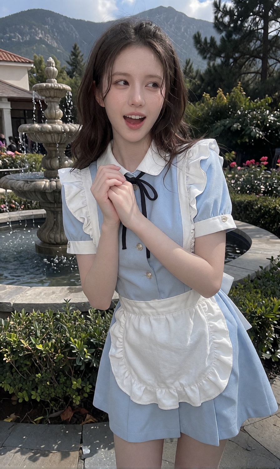 A young woman with a large breast is dressed in a light blue collared maid outfit featuring white ruffled shoulder trim,...