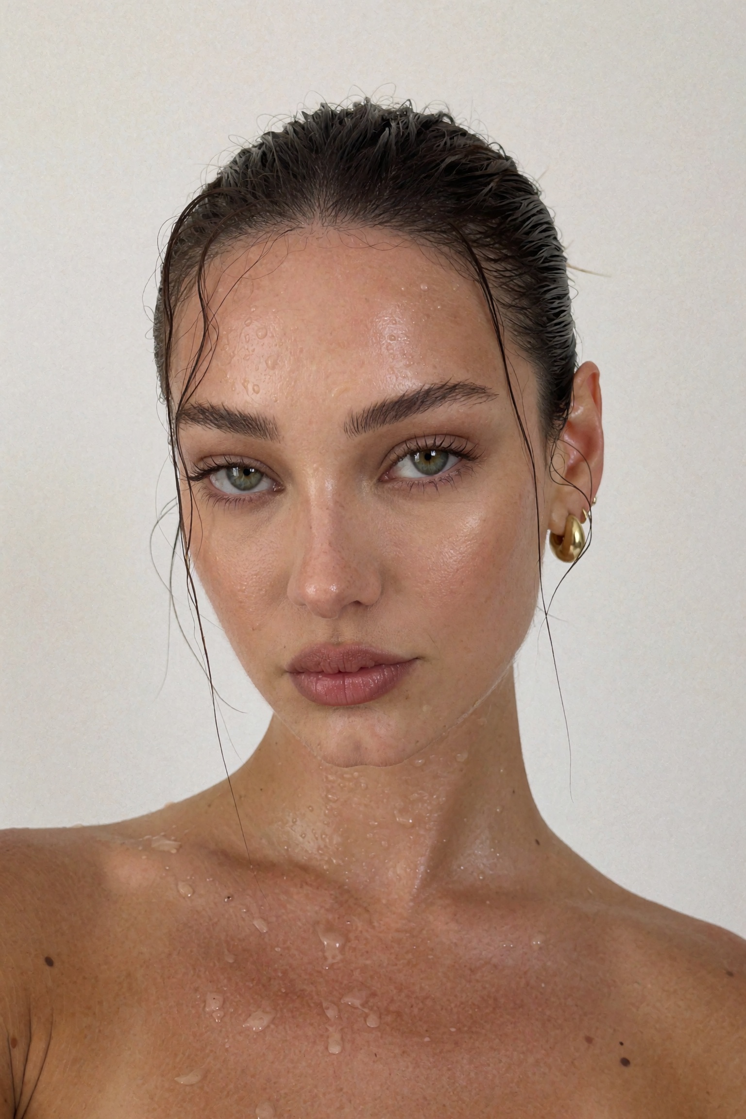 Candid documentary-style UGC smartphone beauty snapshot of a young woman facing the camera with a calm neutral gaze,  arms...