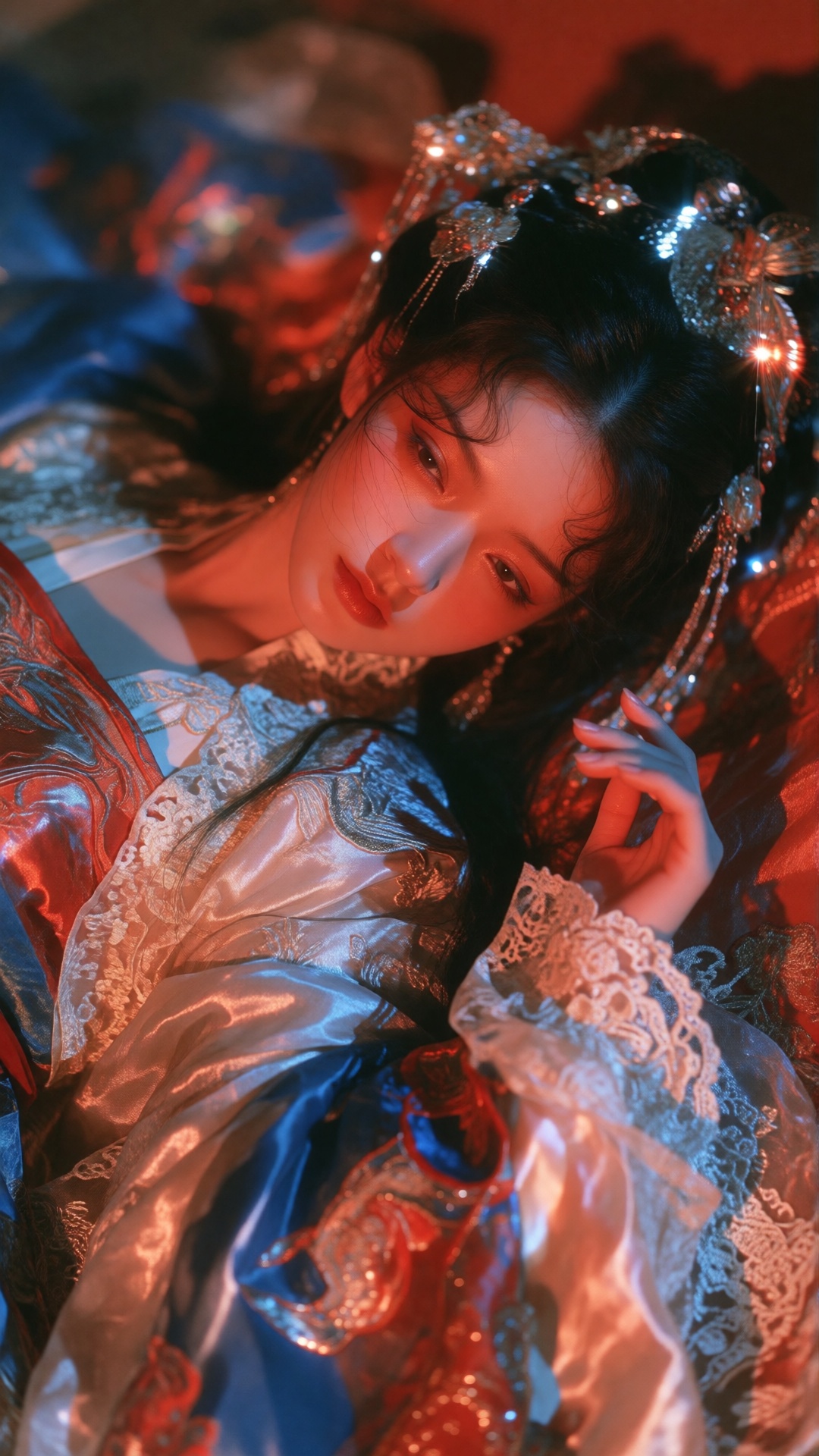 the image portrays a person lying down,  enveloped in richly textured fabrics with intricate lace and embroidery,  the sce...