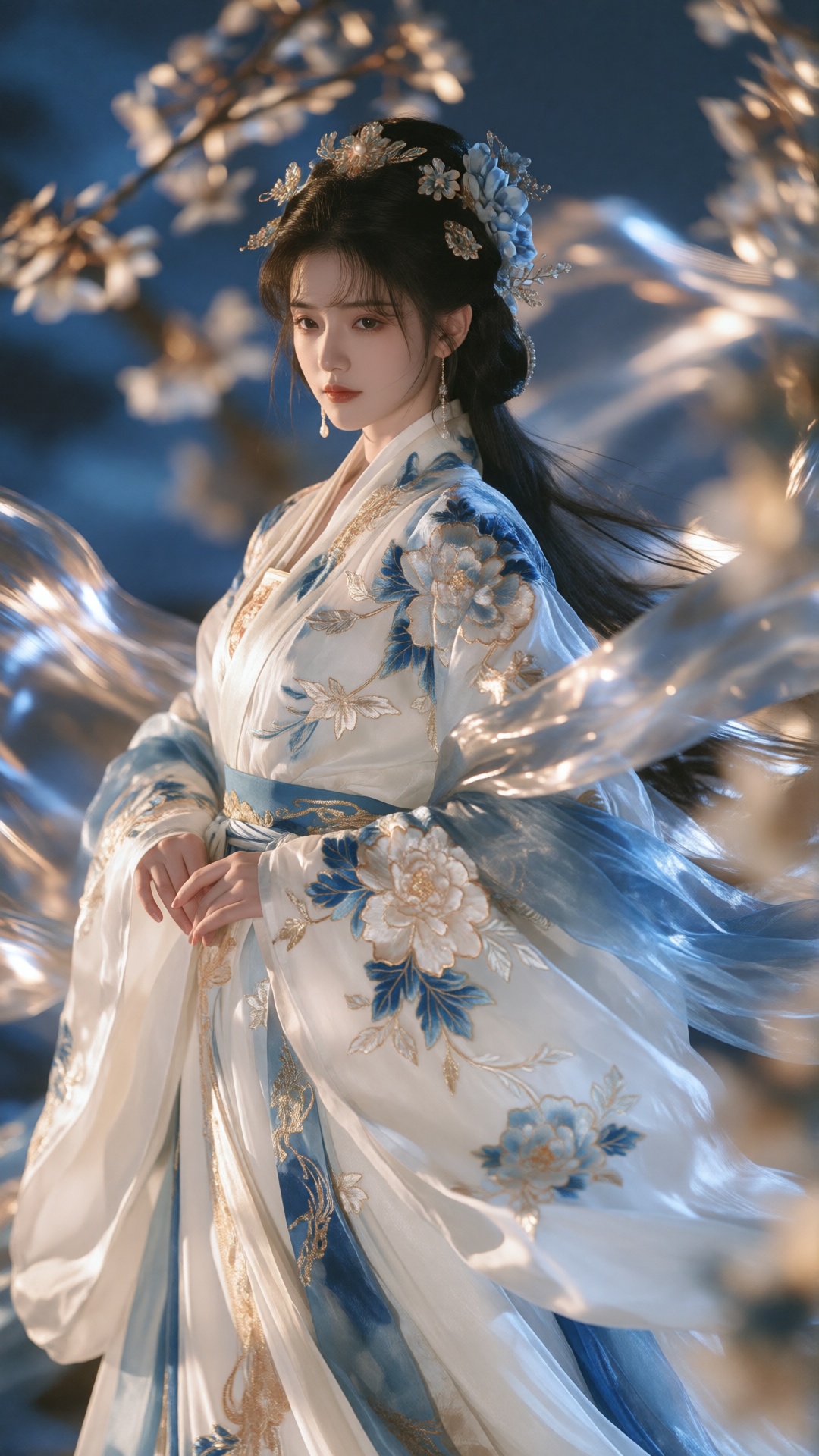 the image portrays a serene and ethereal scene featuring a woman dressed in an elaborate traditional hanfu-style garment,...