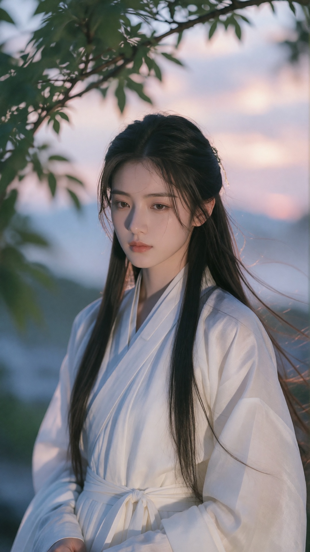photograph of an east asian woman with long,  straight black hair standing outdoors at dawn,  she wears a traditional whit...