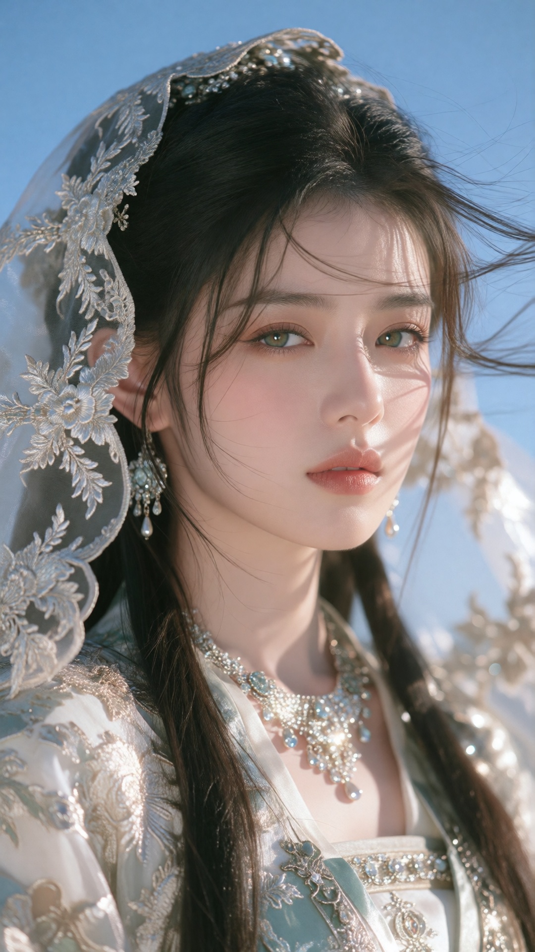 photograph of a young asian woman with fair skin and long,  dark hair,  partially covered by an ornate on Tensor.Art