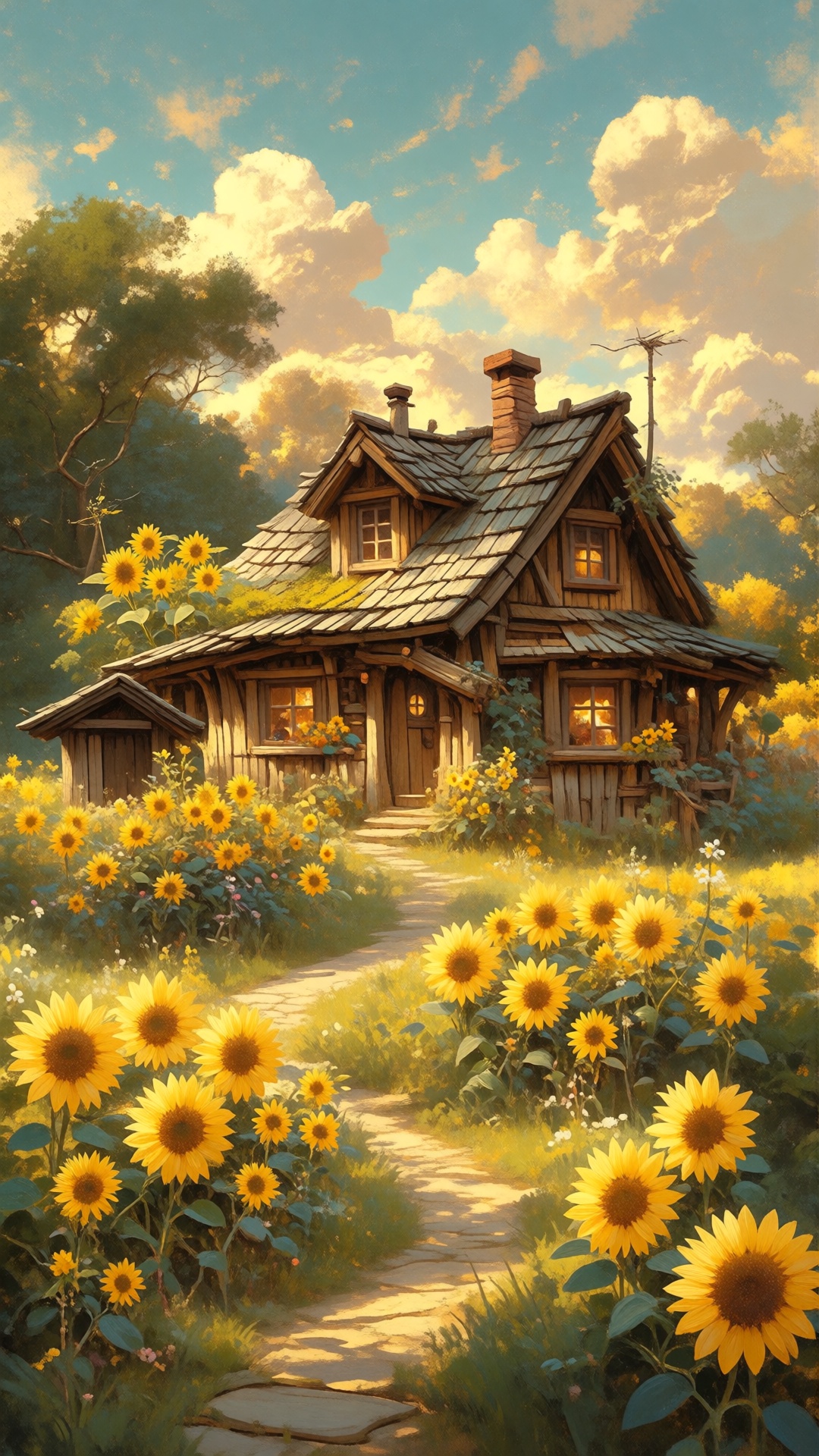 a whimsical,  rustic cottage nestles amidst a vibrant sunflower field under a golden-hued sky,  the wooden house on Tensor...