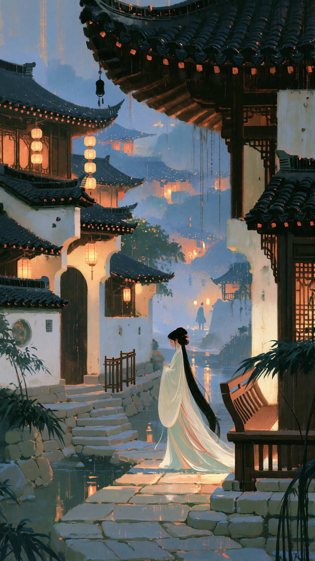 this digital painting depicts a serene,  twilight scene in a traditional east asian village,  a slender woman with long on...