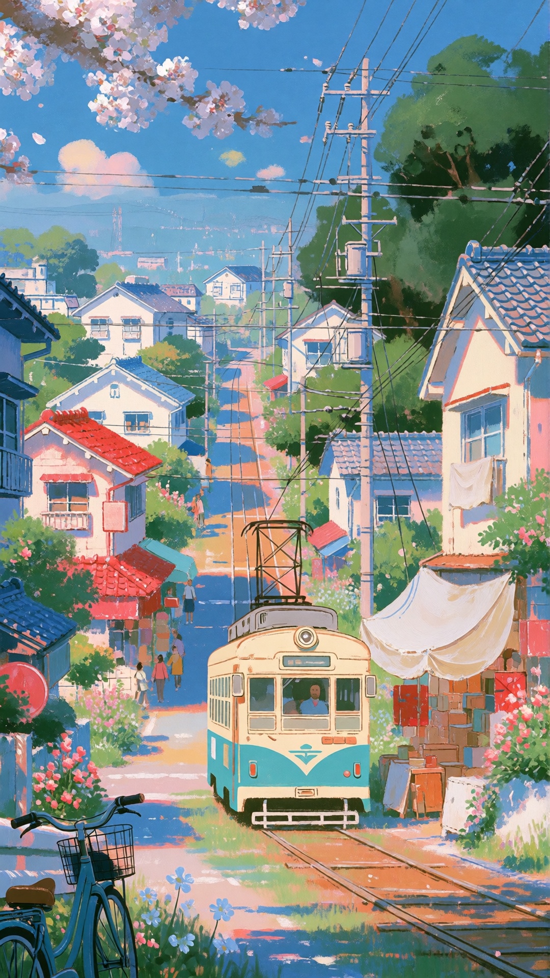 this is a digital illustration in a vibrant,  anime-inspired style depicting a quaint,  sunlit street in a small town on T...
