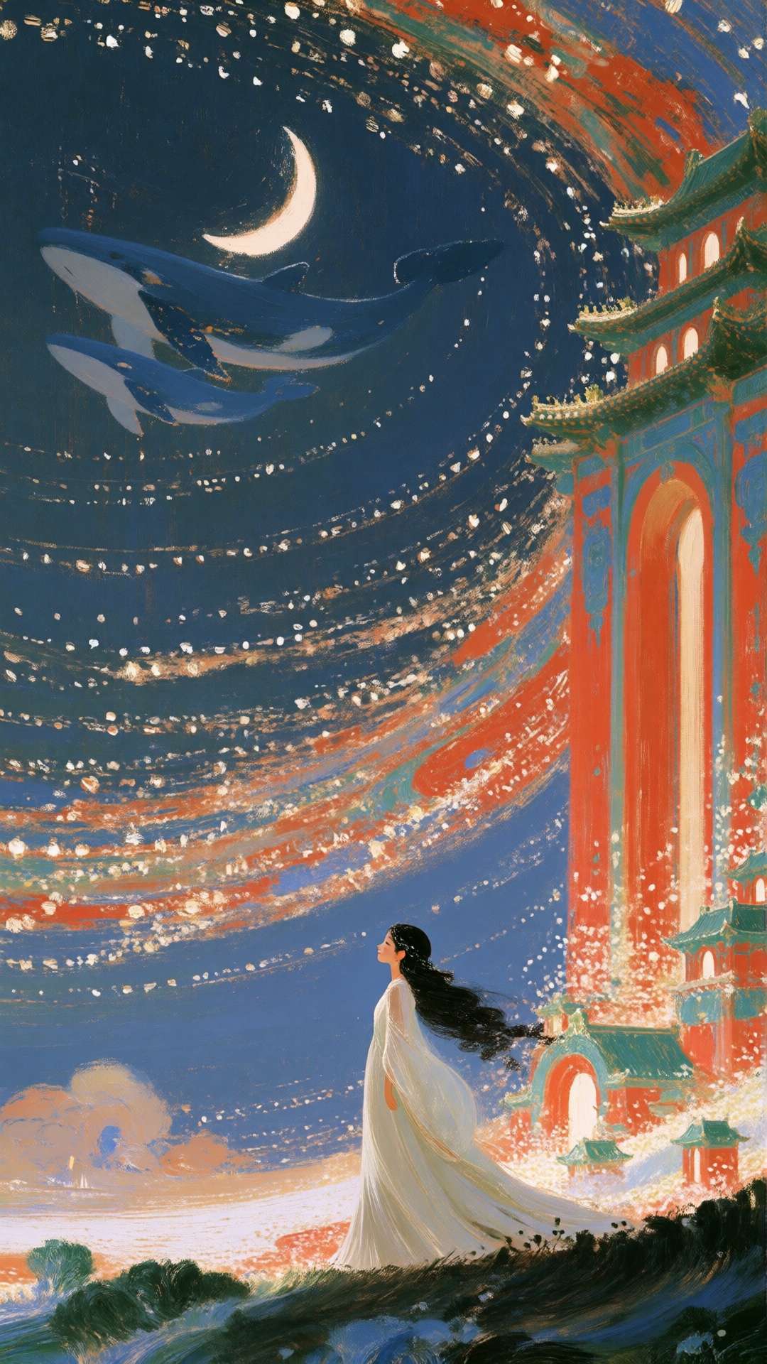 this digital painting depicts a serene night scene,  a woman with long black hair,  wearing a flowing white gown on Tensor...