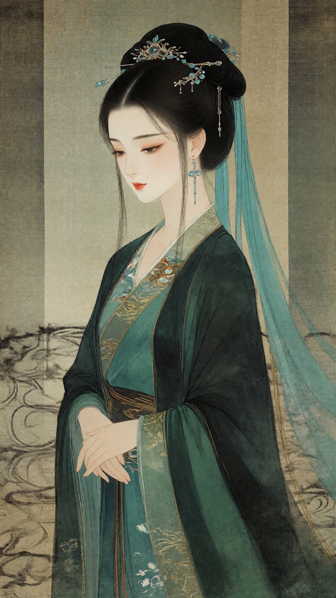 the image portrays a serene,  elegantly dressed woman in traditional east asian attire,  likely inspired by ancient chines...