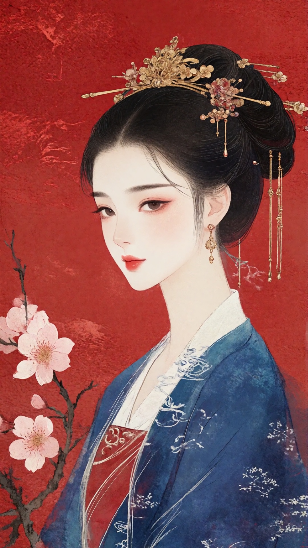 the image portrays a beautifully illustrated woman in traditional east asian attire,  set against a rich,  textured red ba...