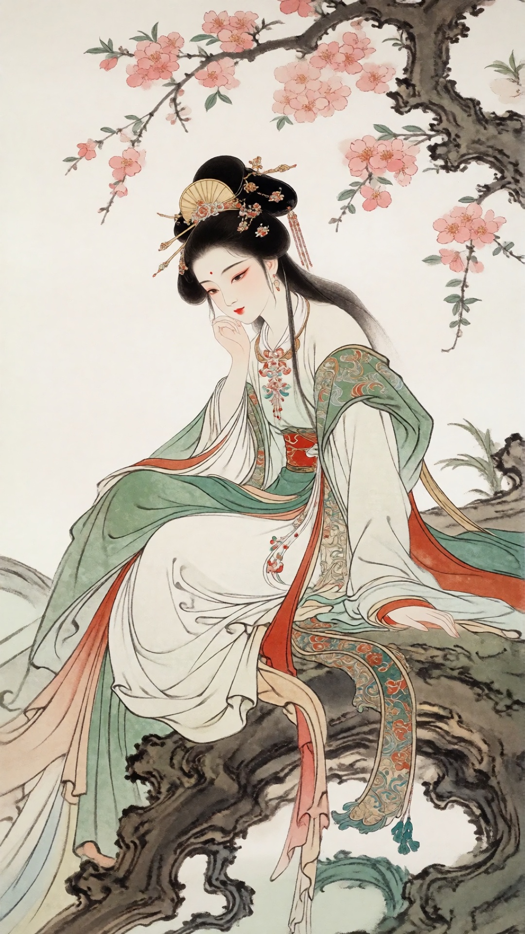 the image depicts a serene,  classical chinese-style illustration of a graceful woman seated on a gnarled tree root,  she...