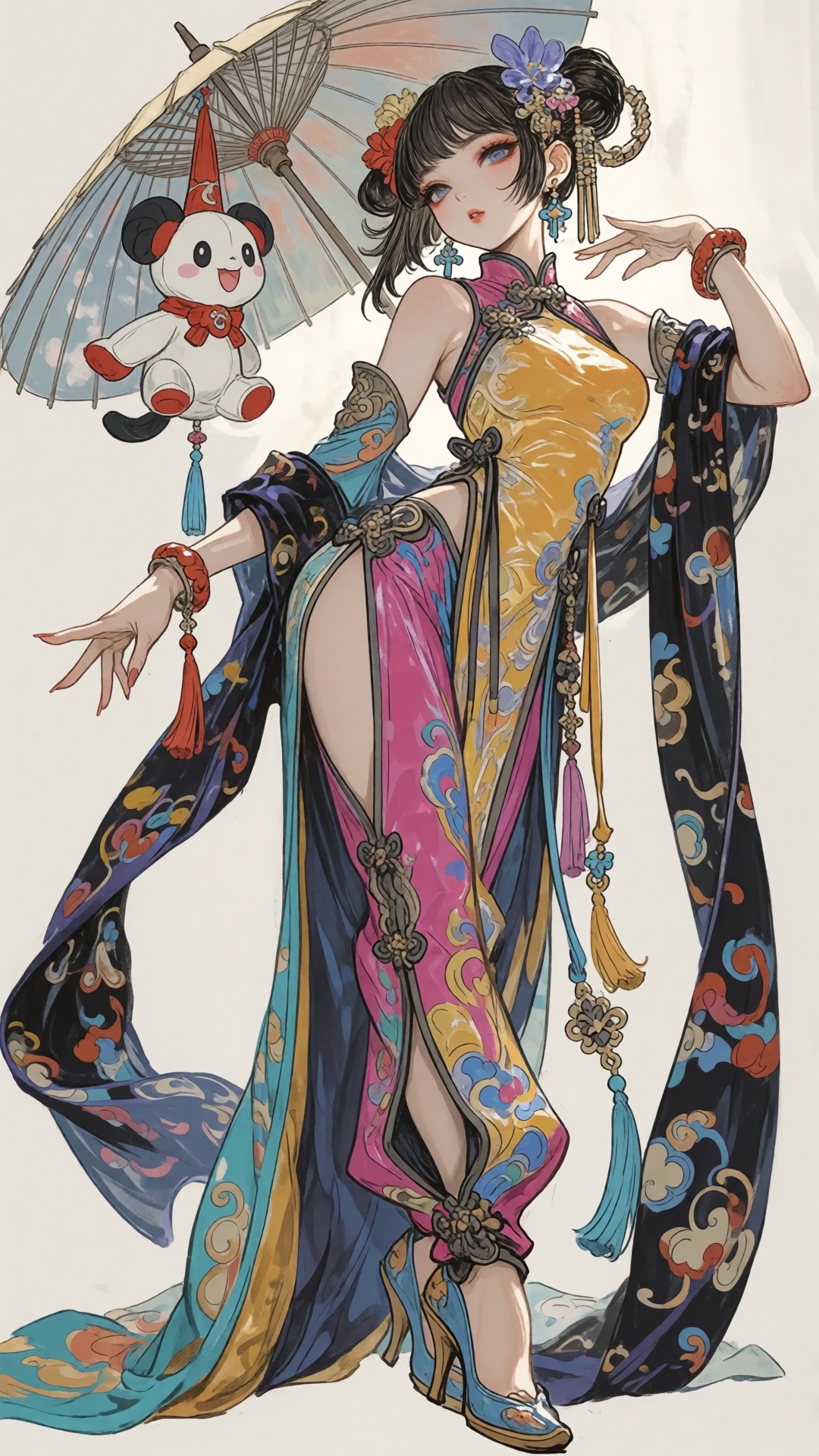 a graceful anime-style woman in vibrant,  flowing traditional attire poses elegantly,  she holds a parasol adorned with a...