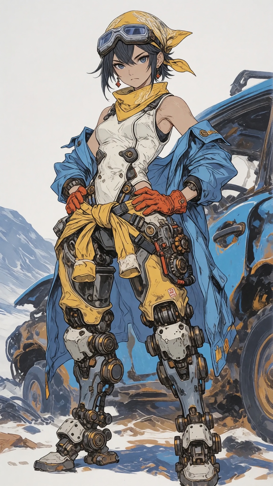 a determined woman in a yellow bandana and goggles stands confidently,  she wears a white vest,  blue coat on Tensor.Art